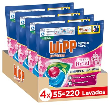 Wipp Express Power Caps Detergente Floral en Cápsulas para Lavadora, Pack de 4, Total 220 Dosis, Limpieza Profunda, Eficaz en Agua Fría