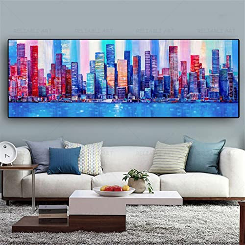 Großformatige abstrakte Kunst, Stadtansicht, Gemälde, Wandkunst, Landschaft, Stadtposter für Wohnzimmer, Schlafzimmer, Dekoration, Leinwand, Kunstdruck, 40 x 120 cm, rahmenlos