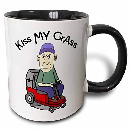 3dRose Funny Cute Old Man on Riding Lawn Mower Kiss my Grass Mowing Pun 15oz Two-Tone Black Mug