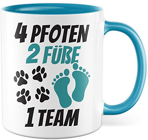 Tasse Hundebesitzer Geschenk, 4 Pfoten 2 Füße 1 Team Geschenkidee Kaffeetasse mit Spruch Hundehalter Hunde-Liebhaber Hund Kaffee-Becher Hand & Pfote Vierbeiner (Weiß/Blau)