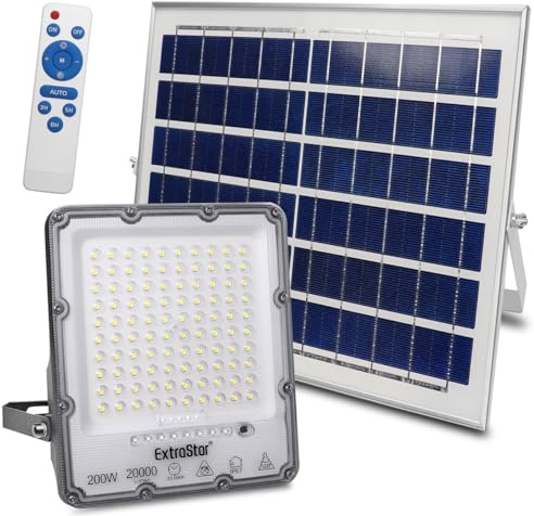 EXTRASTAR 200W Solar Flutlichtstrahler, 20000 Lm, 6500K Tageslichtweiß, IP67 Wasserdicht, mit Fernbedienung & Automatischer Dämmerungssensor, Ideal für Garten, Hof und Außenbereich