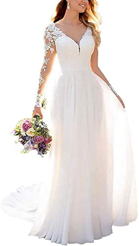 Brautkleid Hochzeitskleid Lang Damen Standesamt Spitzen Brautmode Brautkleider Langarm A-Linie
