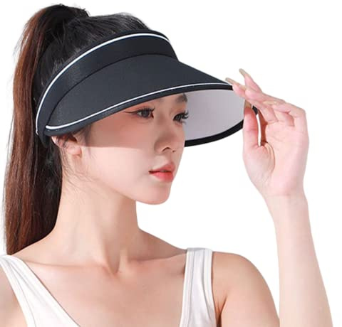 Rachlicy Sun Visors for Women Wind Resistant Wide Brim Visor Hats UV Protection Adjustable Foldable Sun Hat for Beach Black