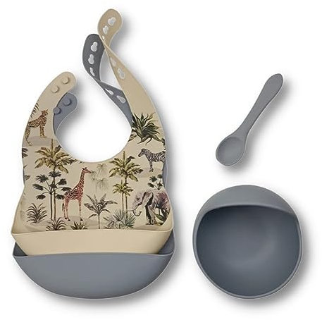 Set Lätzchen mit Auffangschale aus Silikon + Schale mit Saugnapf und Löffel - Jungle Powder Blue - BPA frei