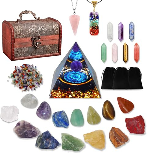 29pcs Kristall Edelsteine Set,Kristalle Heilsteine Set 7Kristalle Steineund 7Chakra-Steine,7Sechseckiger prismatischer Chakra-Stein,2Kristall-Halsketten,Kristallpyramide,Edelsteine Heilsteine Geschenk