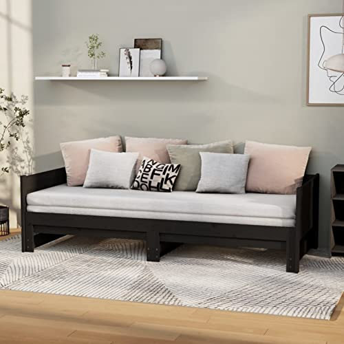 BaraSh Ausziehbares Tagesbett Schwarz Massivholz Kiefer 2X(90x200) cm Tagesbett Ausziehbar Sofabett Schrankbett Mit Sofa Ausziehsofa Bettgestell