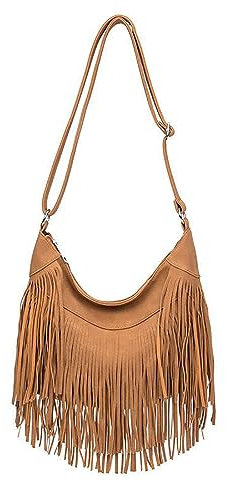 Damen-Umhängetasche aus PU-Leder mit Fransen, Hippie-Tasche, Vintage-Stil, Braun