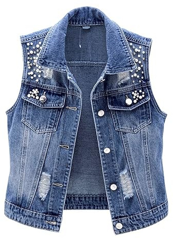 Shulemin Gilet en jean pour femme sans manches avec revers et perles décoratives à simple boutonnage Couleur unie Gilet vintage Couleur unie Veste pour femme, bleu, XXXL