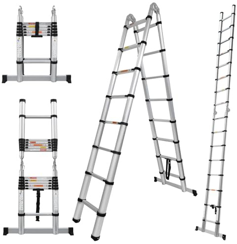 2.5M A-Frame Multi Purpose Telescopic Ladder, Extension Tall Loft Ladder with Non-Slip Feet, Stabilizer Bar for RV, Attic, Household, Portable Adjustable, EN131, 330lb Max Load