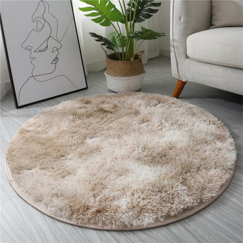 Hiseng Teppich Rund Schlafzimmer Teppich Modern Flauschiger Waschbar, Hochflor Plüsch Weicher Teppich Wohnzimmer für Innen Wohnzimmer Kinderzimmer (110cm,Dunkel Camel Gradient)