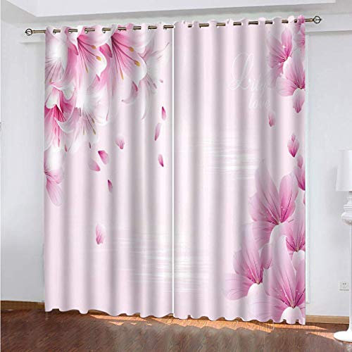 MAYNUO Blickdichte Vorhänge Mit Motiv 3D Rosa Blütenblätter Kinder Gardinen Blickdicht Ösen Gardine Thermo 264x214 cm Schlafzimmer Kinderzimmer Vorhänge Dekoratives Muster, Verdunklungsvorhänge