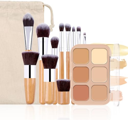 Holzsammlung 6 Farben Concealer Abdeckcreme Camouflage Palette mit 11 Stück Kosmetikpinsel, Cosmetics Creme Konturen Kit Professional Makeup Conceal Palette zum Abdecken, Highlighten, Konturieren