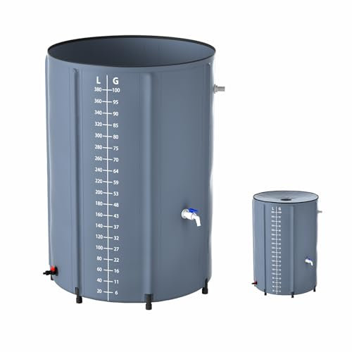 Aufun Barile pieghevole per acqua piovana, serbatoio per acqua piovana da 380 litri, con valvola di scarico e scala di volume, facile da riporre, resistente alla ruggine e alle intemperie (grigio)