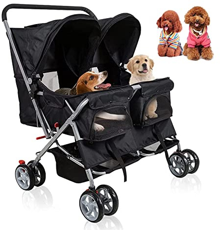 Generic Doppelter Hundebuggy für mittelgroße und kleine Hunde/Katzen, zusammenklappbar, 2-Sitzer, Haustierwagen, Schlafnest, perfekter Reise-Kinderwagen, unterstützt bis zu 40 kg