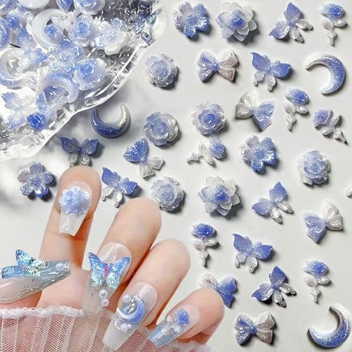 50Stück Gemischt Nageldesign Leuchtende Farbverlauf Blau Nail Charms 3D Blume Charms Nägel Schmetterling Niedlich Schleife Bow Schmetterlinge Mond Nail Charm Nagel Zubehör Nailart