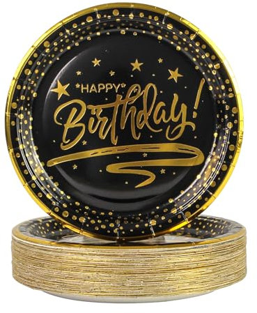 DHAIQC Piatti di Carta Nero con Bordo Dorato - 50 Pezzi Piatti Feste 18 cm per Compleanno Compleanno Bambini Stoviglie Feste