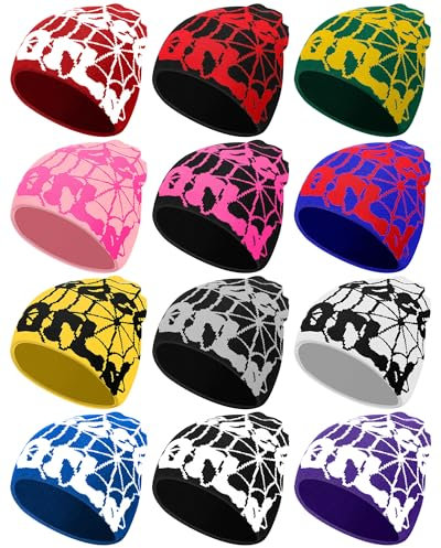 Toulite 12 Stück Y2K Beanie Spinnennetz Beanie Gothic Graphic Beanies Outdoor Winter Warme Strickmütze für Männer Frauen, Mehrfarbig, Einheitsgröße