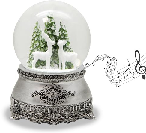 Schneekugel Musik Weihnachten | 2 Rehe Baum | B: 10 cm H: 14 cm | 20253 | Sockel Zinnoptik Ornamente | mit Spieluhr| Schüttelkugel Weihnachtsdekoration
