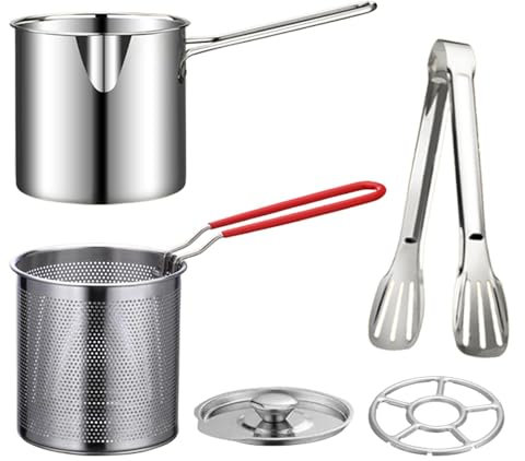 Fritteusentopf mit Korb und Griff, Edelstahl-Bratpfanne, Mini-Fritteuse, Suppentopf mit Zange und Deckel, japanische Tempura-Fritteuse, Fritteusen, Frittiertopf für Fisch, Garnelen, Huhn und Pommes