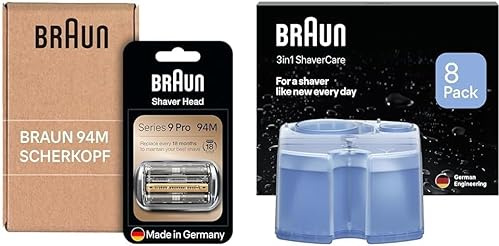 Braun Series 9 Pro Scherkopf, Elektrorasierer Ersatzscherteil Made in Germany, 94M, chrom + 3-in-1 ShaverCare Reinigungskartuschen für Reinigungsstationen, reinigt 10x besser als Wasser, 8er Pack