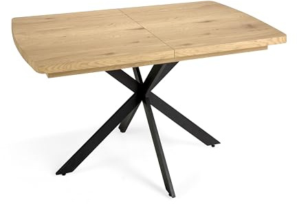 MOMMA HOME Synchroner ausziehbarer Esstisch, Wohnzimmer, Modell Dakota, Finish Eiche MDF und Beine aus mattschwarzem Metall, Maße 140/180 cm Länge x 90 cm Breite x 76 cm Höhe