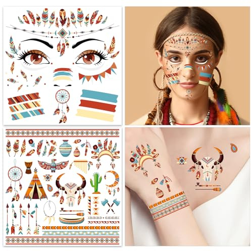 HOWAF 4 Bogen Gesichtstattoo Indianer Tattoo, Gesichtstattoo Karneval Halloween Tattoo Gesicht Temporäre Tattoos für Indianer Kostüm, Indianerkostüm, Halloween Karneval Fasching Kostüm