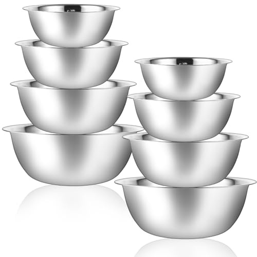 LDXDRU Juego de 8 cuencos de acero inoxidable, cuencos para mezclar de acero inoxidable, 4 tamaños de cuenco de metal 0,9 L/1,6 L/2 L/2,6 L, ensaladeras de acero inoxidable, juego de cuencos para
