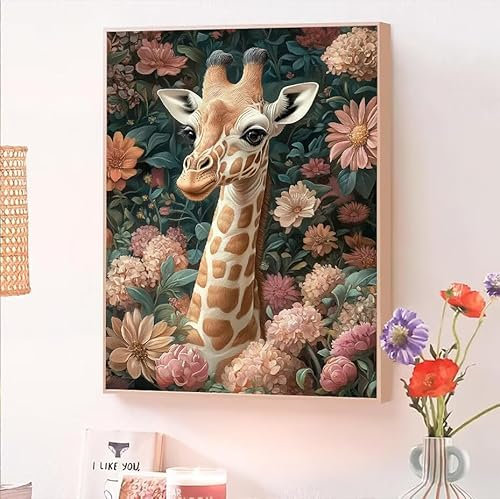 Blume Malen Nach Zahlen Erwachsene, Malen Nach Zahlen ab 5 7 9 Jahre Mädchen, DIY Handgemalt Ölgemälde Kit für Anfänger Erwachsene Mit 3-Pinseln und Acrylfarbe,Home Wand Décor Giraffe 25x35cm O-381
