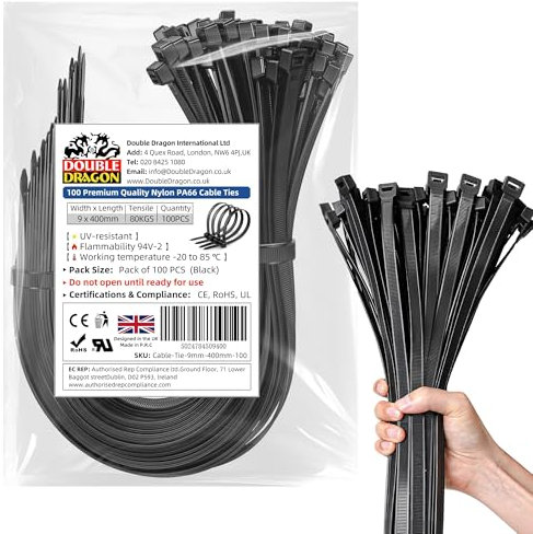 Double Dragon 9 mm x 400 mm Heavy‑Duty PA66 Nylon Cable Ties - 100 Pack | 80 kg (175 lb) Tensile Strength | UV‑ & Weather‑Resistant Self‑Locking Zip Ties | CE • RoHS • UL