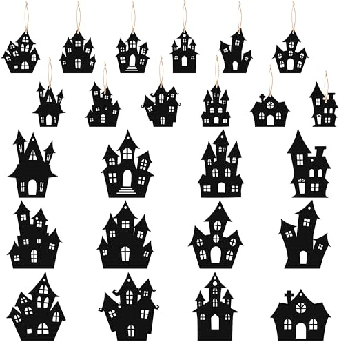 Haooryx 36Pcs Halloween Haunted House Wooden Hanging Ornament with Ropes