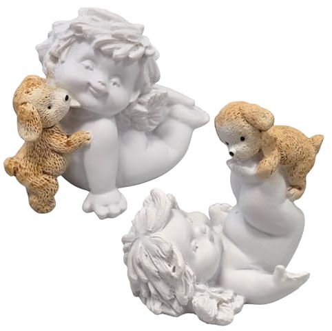 IGOR Engel-Paar mit Hund: Schutzengel Figuren, Deko Engelsfiguren, Skulptur Liegend, Kleine Dekoengel Tiere, Dekofiguren Weiß, Geschenk Geburtstag, Muttertag, Weihnachten, Glücksbringer Klein, 7 cm