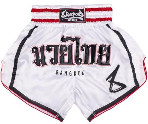 8 WEAPONS Muay Thai Shorts Bangkok, Weiß-Schwarz, Größe M, Kickboxhose für Training & Wettkampf, Thaibox Shorts Polyester, Atmungsaktiv, Langlebig, Kampfsporthose für MMA, K1, Boxen, Thai Boxen