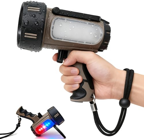 Rechargeable Spotlight 1650LM and 900m Beam,13000mAh Powerful Torch LED Super Bright, Handheld Flood Searchlight with Adjustable Stand, IP67 Waterproof Large Flashlight for Hunting/Camping/Emergency