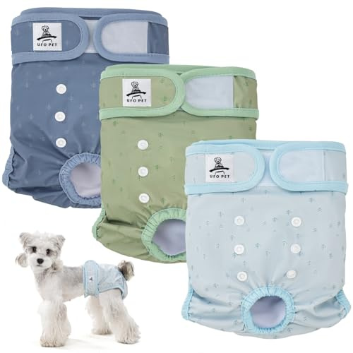 UFO PET Wiederverwendbare Hunde Windeln Weiblich, Läufigkeitshose für Hündinnen M (3 Stück), Hochsaugfähige Hundewindeln für Hündinnen mit Starkem und Flexiblem Verschluss - Grün/Marineblau/Hellgrau