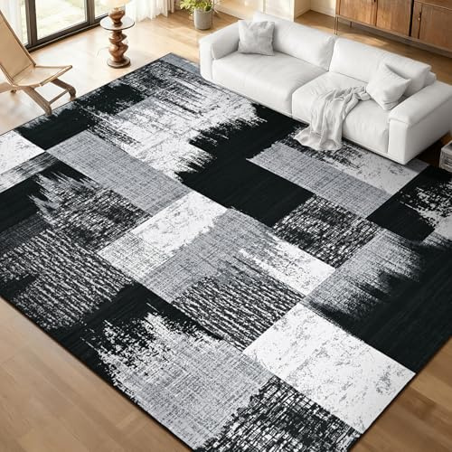 Alishomtll Tappeto da soggiorno 160 x 230 cm, a pelo corto, per camera da letto, moderno, geometrico, antiscivolo, lavabile, morbido, durevole, grande, rettangolare, nero e grigio