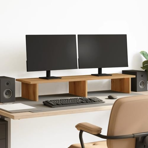 Zentexion monitorstativ Artisan-ek av trämaterial 100 x 27 x 15 cm stabil och platsbesparande med förvaringsutrymme för två bildskärmar, perfekt för kontor, hemmakontor och spelbord ergonomiskt