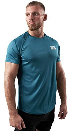 Satire Gym - Muscle Fit Maglietta Sportiva da Uomo muscolosa/Maglietta Uomo Aderente ad Asciugatura Rapida/Abbigliamento Sportivo per Uomo - Adatto per Fitness e Bodybuilding (Petrolio, S)