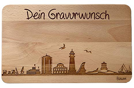 Brotzeitbrett Büsum Skyline | Frühstücksbrettchen aus Buche | Holz Schneidbrett | Geschenk mit Gravur | Frühstücksbrett | Schleswig-Holstein (Standard (22x14x1cm), 2. mit persönlicher Gravur)