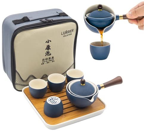 Lurrier Chinese Gongfu Tea Set Made of Porcelain, Teapot Set with 360 Degree Rotatable Tea Maker and Strainer, Portable, All-in-One Gift Bag for Travel, Home, Outdoor, Office, Blue