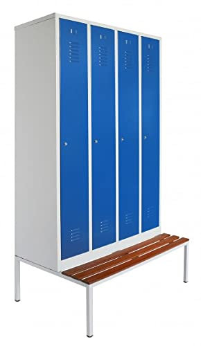 Schrank & Stuhl Spind – Metallspind mit 4 Abteilen und Sitzbank - 30 cm Abteilbreite, 220 x 117 x 80 cm, Schließfachschrank mit Hutboden & Zylinderschlössern, Grau/Blau