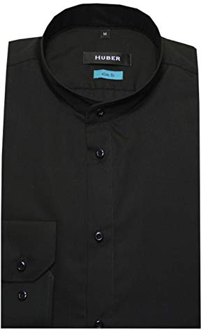 HUBER Slim Fit Herren Stehkragenhemd Langarm figurbetont schwarz L