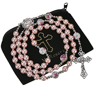 8mm Pink Pearl Beads Catholic Rosary Large Ceramics Bead Rosary Silver Beaded String Necklace Miraculous Medal Crucifix Cross Gift for Women First Communion, Confirmation, Baptism, Wedding Gift