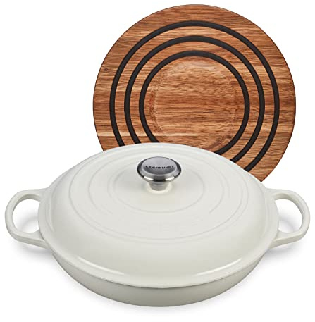 Le Creuset 3 1/2 qt. Signature Cast Iron Braiser Bundle with Magnetic Wooden Trivet - White