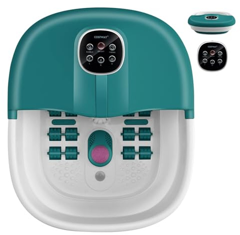 GYMAX Pediluvio Elettrico, 3 in 1 Massaggiatore Piedi Pieghevole con Riscaldamento dell’Acqua in 3 Livelli, Getti di Bolle, Pannello di Controllo Magnetico, per Tutta la Famiglia (Verde Scuro)