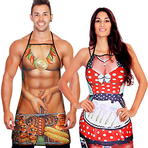 Neer 2 Stück Lustige Geschenke Set für Herren Damen Neuheit Grillschürze Muskel Kochschürzen Verstellbar Wasserdicht Küchenschürze für Weihnachten BBQ Party Erwachsene Paare (Küchen Stil)