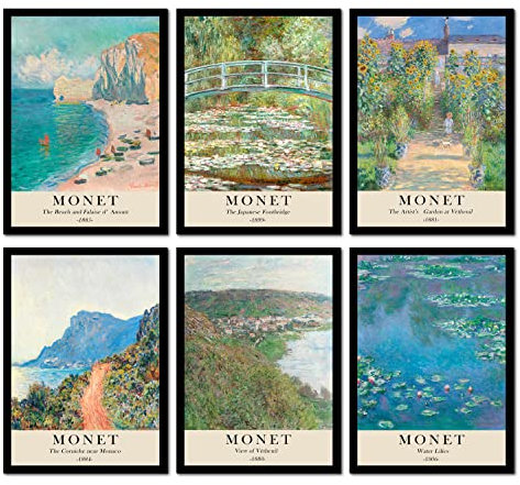 The Wall Gallery Kunstdrucke 6 Stück A4 Poster Set Claude Monet Wandbilder Vintage/Retro Wohnzimmer-Deko