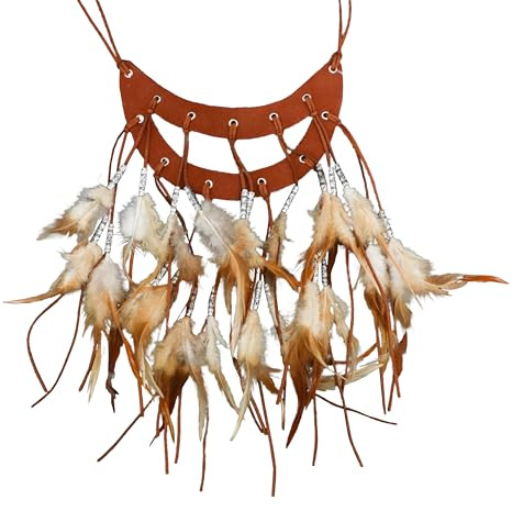 Chaks - Halskette mit Federn und Perlen, Boho Festival Schmuck | Karneval und Festival Accessoire in Lederoptik, Kette mit Federschmuck und Perlen Design