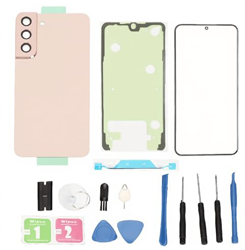 Phone Back Glass Cover Set for Samsung S22, Rear Glass Battery Door, Front Outer Screen Glass Cover, Professional Repair Tool Kit, Replacement Cell Phone Backs (Pink)