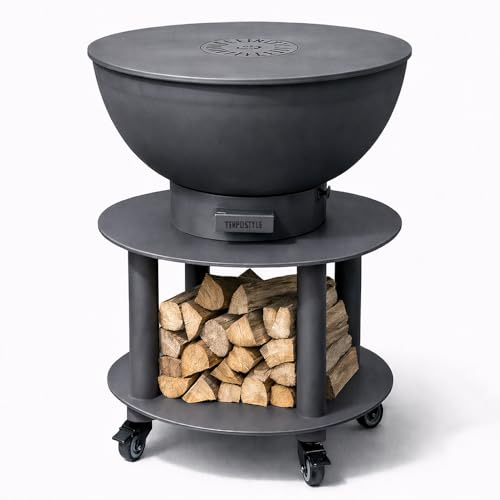 Tempo Style Stromboli - Barbacoa de leña y carbón | Barbacoa redonda de acero Corten para exteriores y de jardín con rejilla de cocción de acero inoxidable 316 sp.1 cm, portátil con ruedas (antracita)