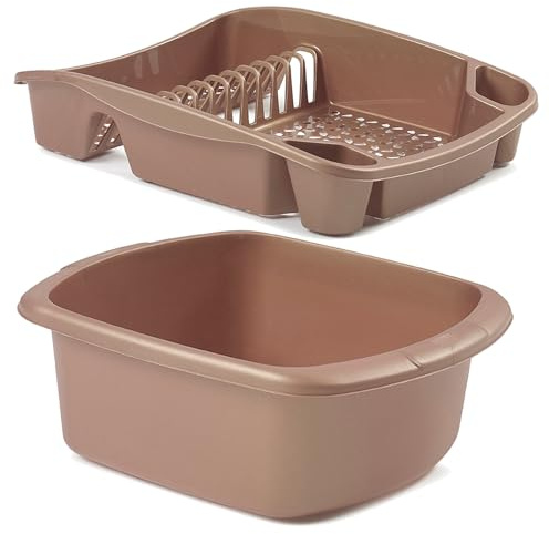 ZARVICZONIA Plastic Washing Up Basin and Large Dish Drainer with Rectangular Bowl, Holds up to 12 Plates with Two Cutlery Drainer, High Grade, Extra Large Dish Drainer with Bowl in Gold